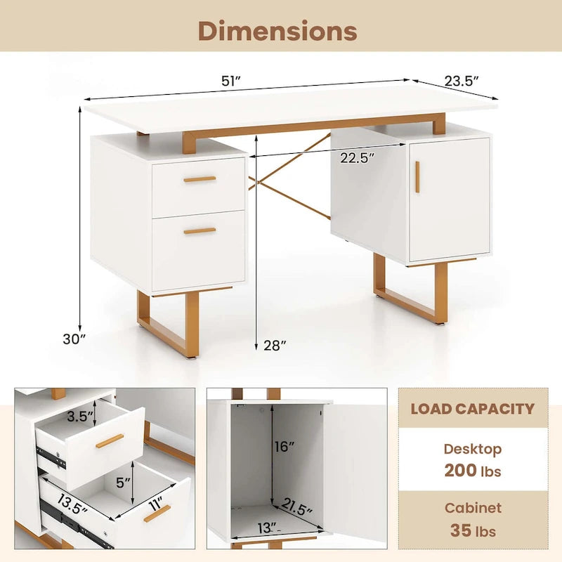 130 cm Home-Office-Schreibtisch mit schwebender Arbeitsplatte und zwei Schubladen