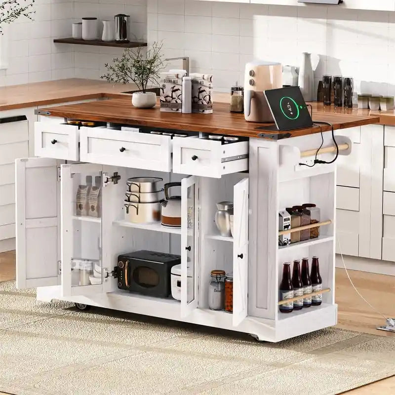 Kücheninsel im Landhausstil mit Klappplatte, 3 Schubladen, Glastüren und Steckdose