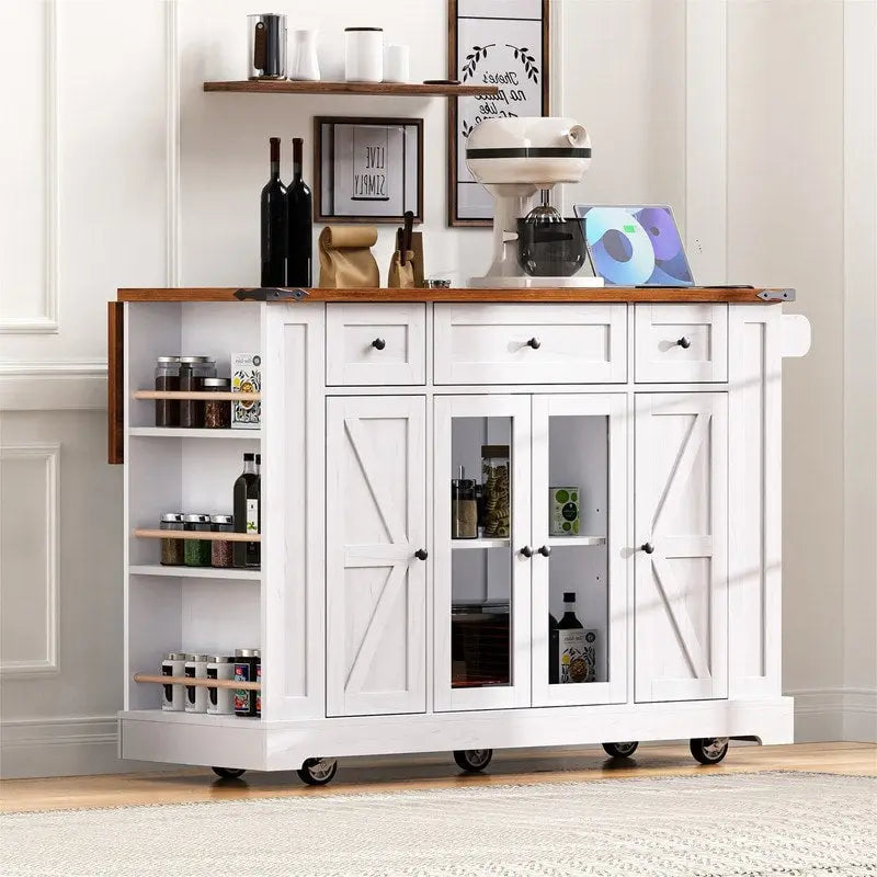 Kücheninsel im Landhausstil mit Klappplatte, 3 Schubladen, Glastüren und Steckdose
