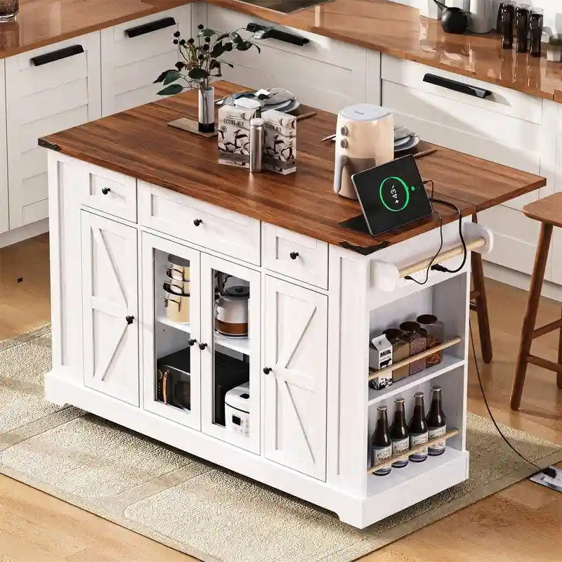 Kücheninsel im Landhausstil mit Klappplatte, 3 Schubladen, Glastüren und Steckdose