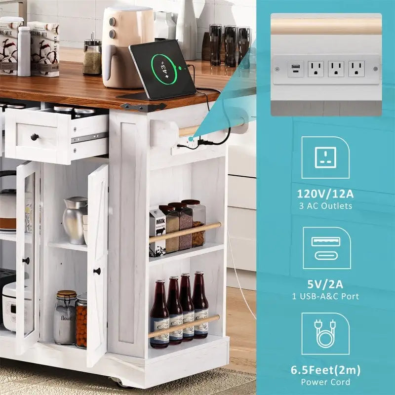 Kücheninsel im Landhausstil mit Klappplatte, 3 Schubladen, Glastüren und Steckdose