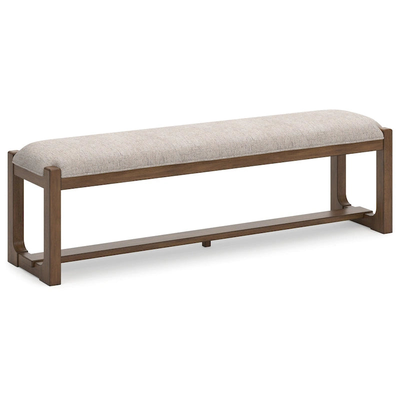 Große gepolsterte Esszimmerbank, 163 cm – beiges Polyester und braunes Holz