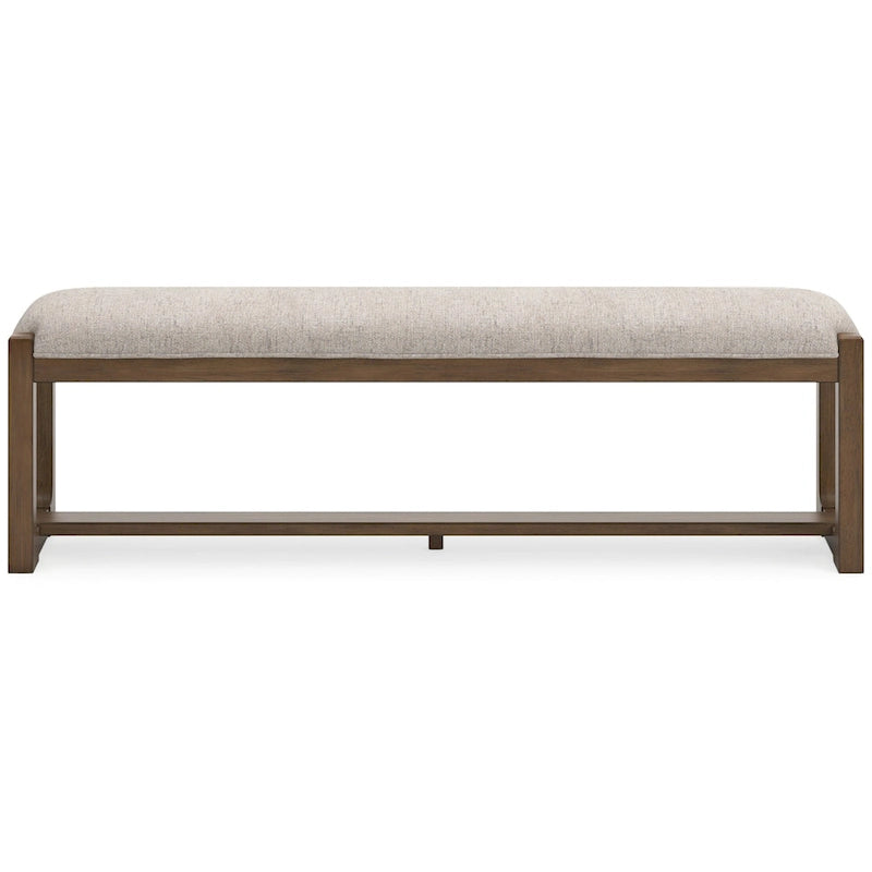 Große gepolsterte Esszimmerbank, 163 cm – beiges Polyester und braunes Holz