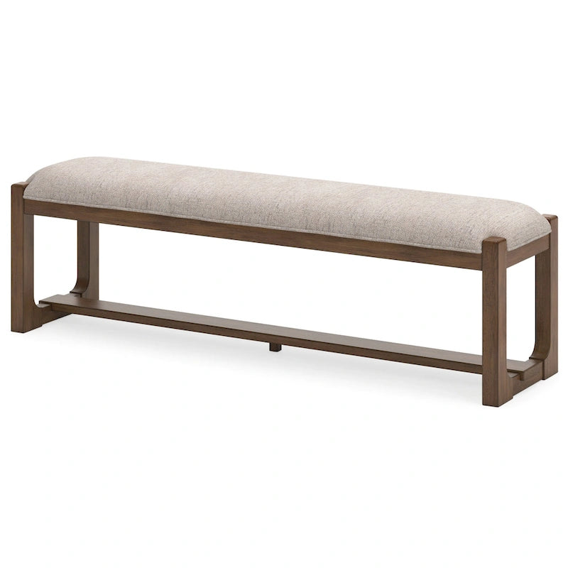 Große gepolsterte Esszimmerbank, 163 cm – beiges Polyester und braunes Holz