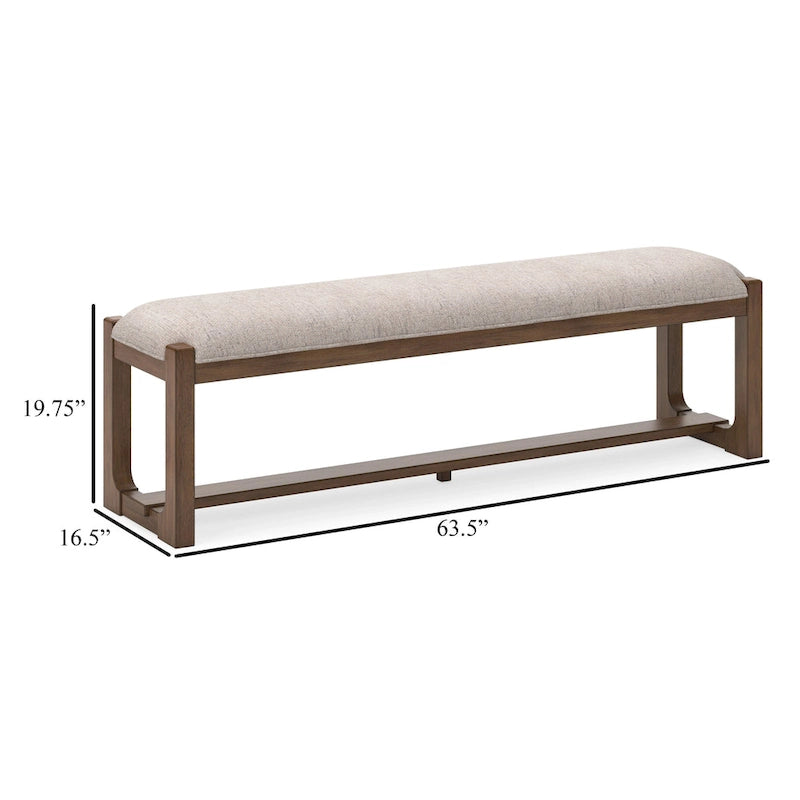 Große gepolsterte Esszimmerbank, 163 cm – beiges Polyester und braunes Holz