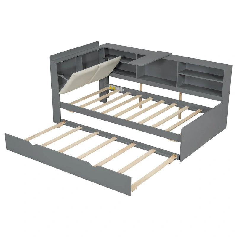 Holz-Tagesbettrahmen mit Stauraum, Ausziehbett und gepolstertem Kopfteil
