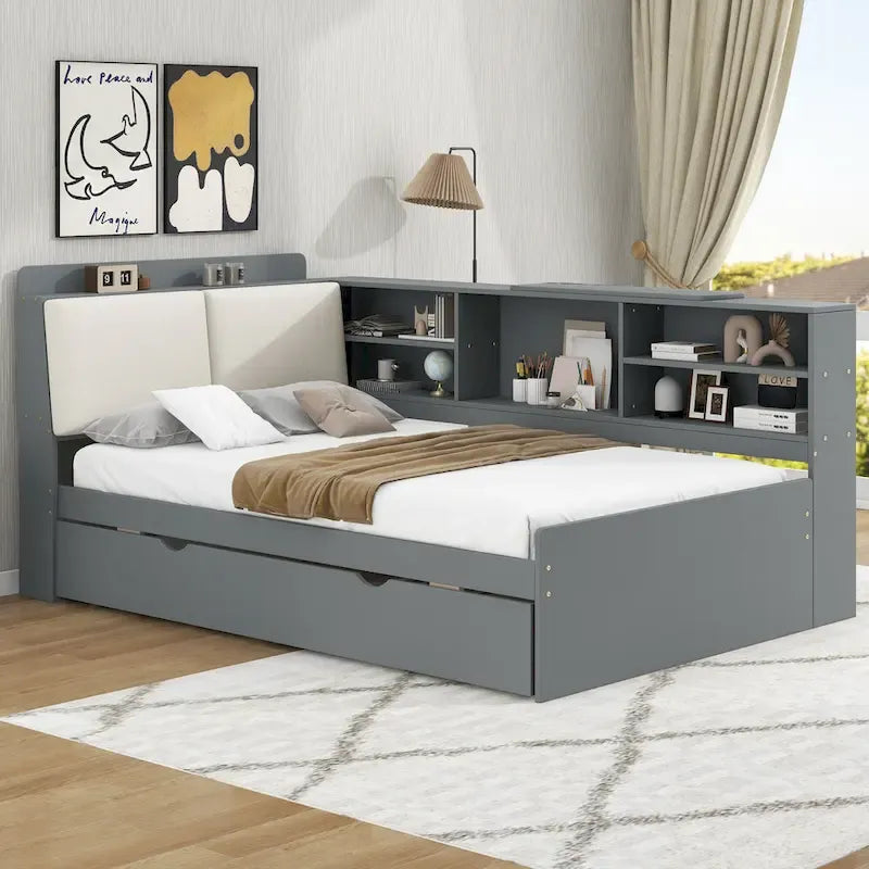Holz-Tagesbettrahmen mit Stauraum, Ausziehbett und gepolstertem Kopfteil