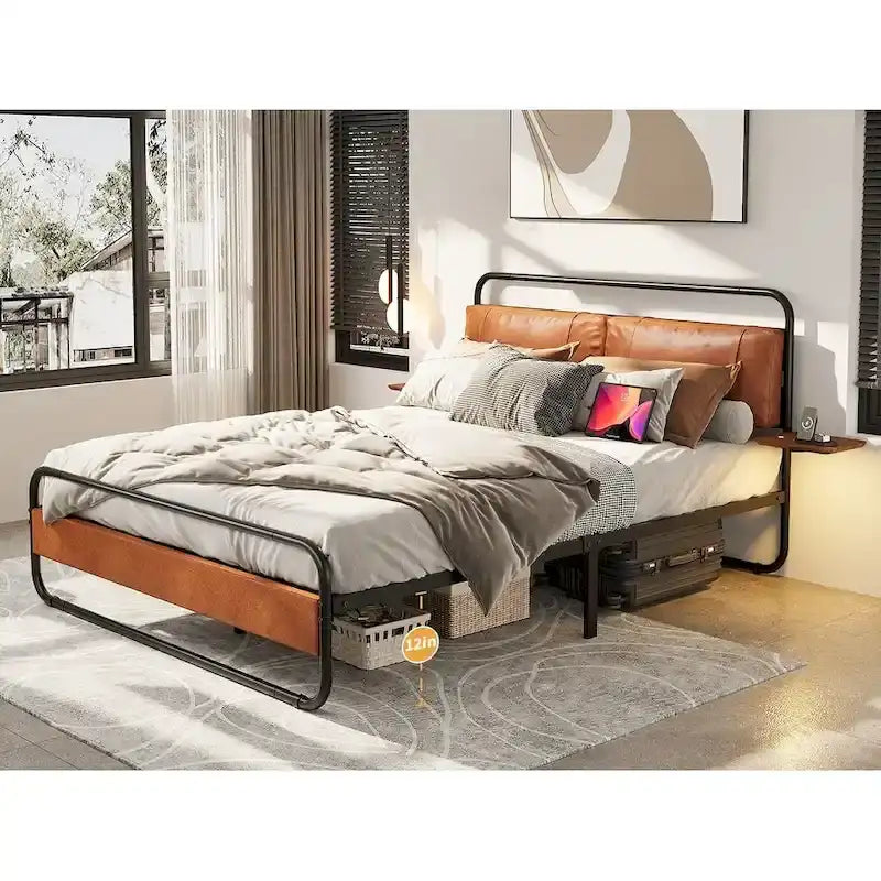 Metall-Plattformbett King Size mit gepolstertem Kopfteil und Ladestation