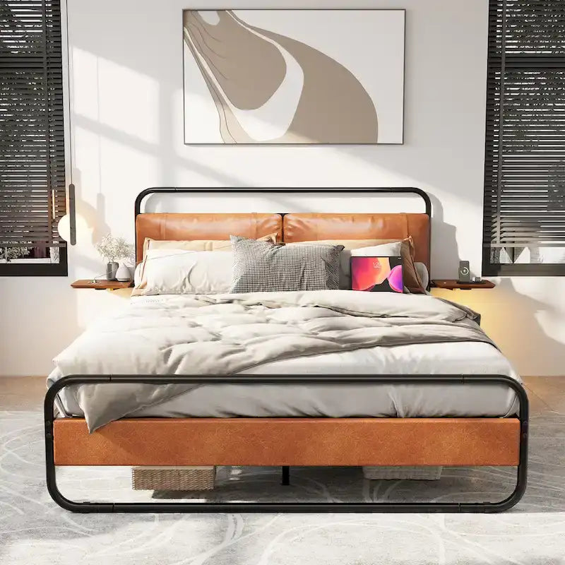 Metall-Plattformbett King Size mit gepolstertem Kopfteil und Ladestation