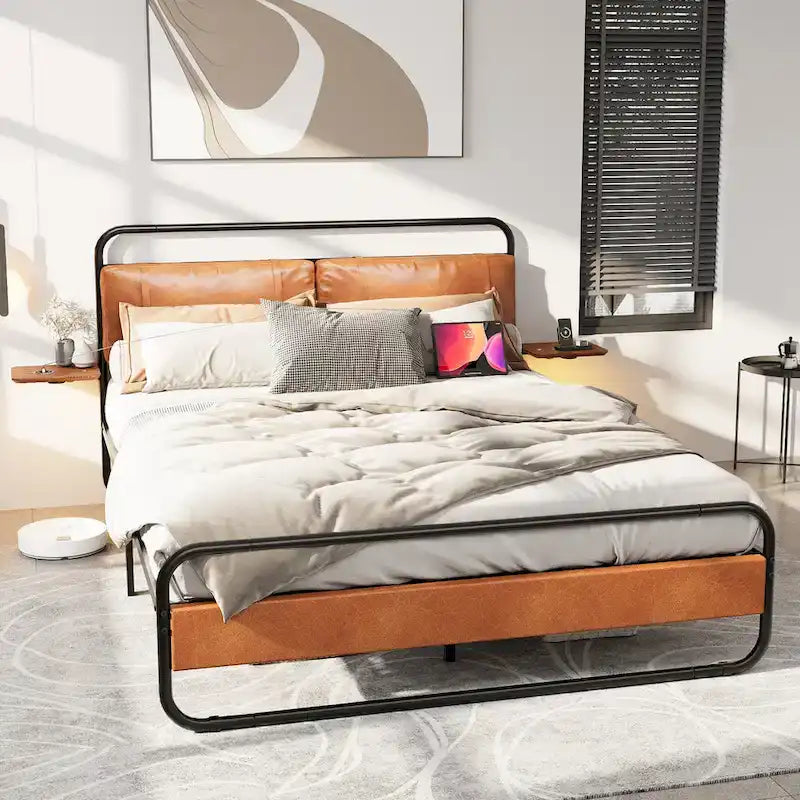 Metall-Plattformbett King Size mit gepolstertem Kopfteil und Ladestation