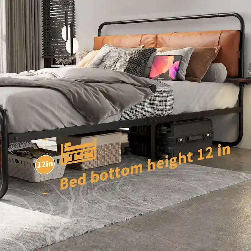 Metall-Plattformbett King Size mit gepolstertem Kopfteil und Ladestation