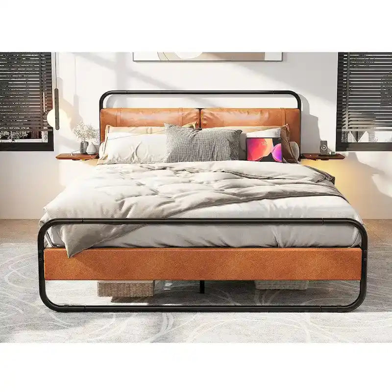 Metall-Plattformbett King Size mit gepolstertem Kopfteil und Ladestation