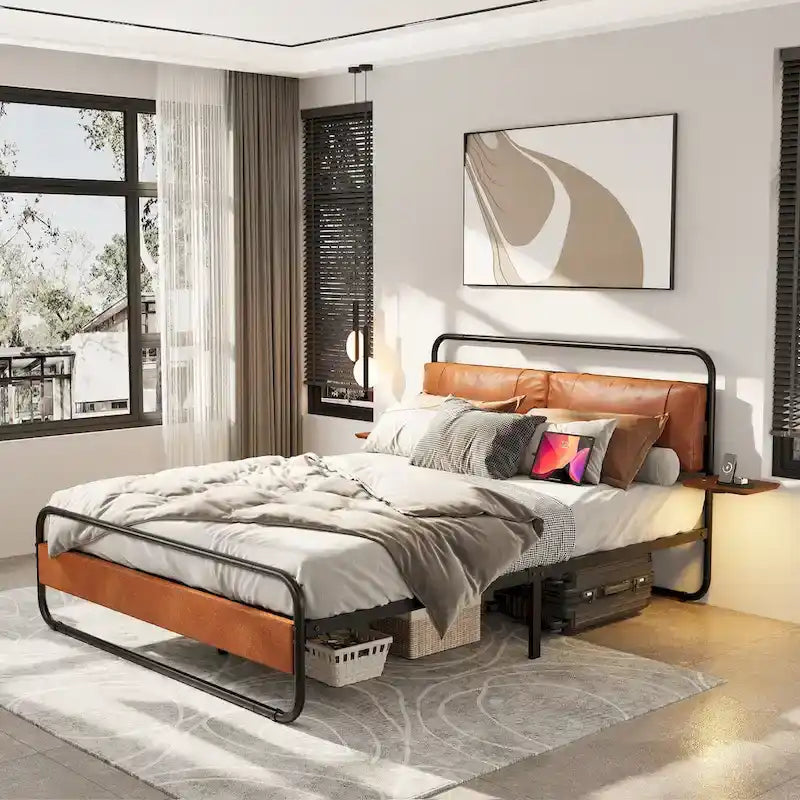 Metall-Plattformbett King Size mit gepolstertem Kopfteil und Ladestation