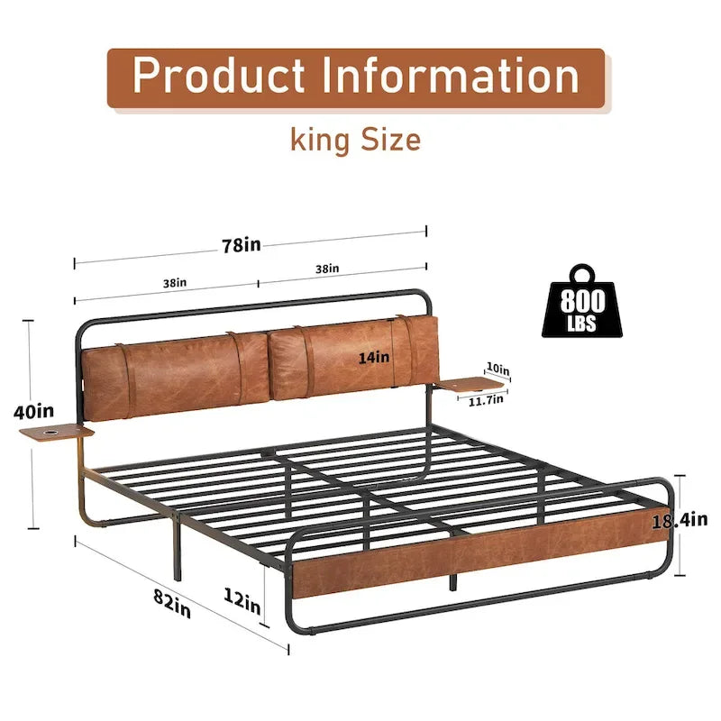 Metall-Plattformbett King Size mit gepolstertem Kopfteil und Ladestation