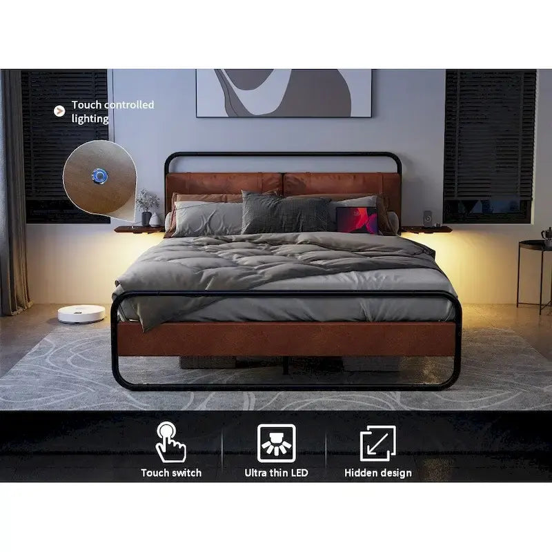 Metall-Plattformbett King Size mit gepolstertem Kopfteil und Ladestation