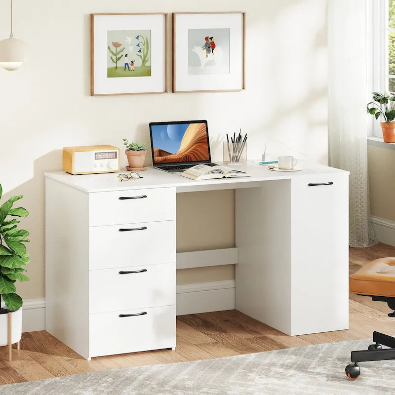 53 Zoll Home-Office-Schreibtisch mit integrierten Steckdosen, USB-Anschlüssen und Stauraum