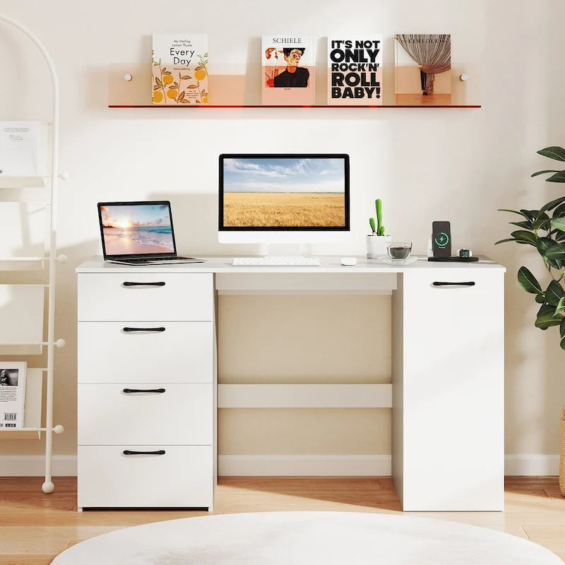 53 Zoll Home-Office-Schreibtisch mit integrierten Steckdosen, USB-Anschlüssen und Stauraum