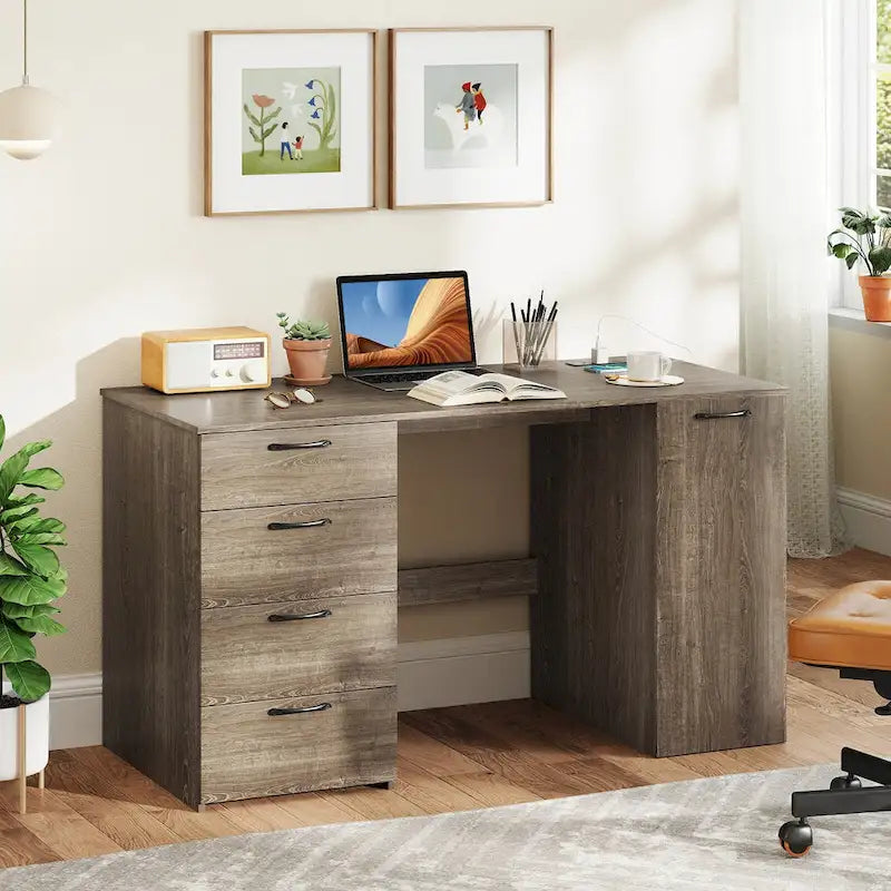 53 Zoll Home-Office-Schreibtisch mit integrierten Steckdosen, USB-Anschlüssen und Stauraum