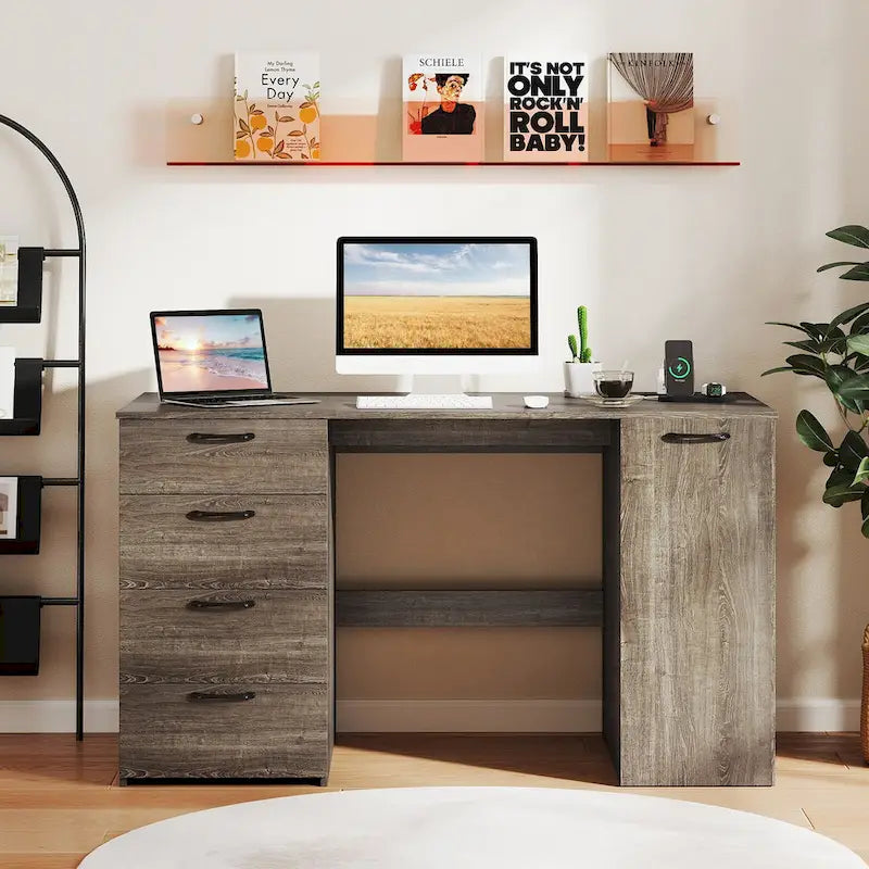 53 Zoll Home-Office-Schreibtisch mit integrierten Steckdosen, USB-Anschlüssen und Stauraum