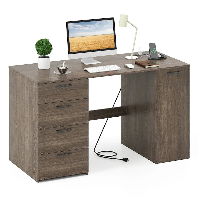 53 Zoll Home-Office-Schreibtisch mit integrierten Steckdosen, USB-Anschlüssen und Stauraum