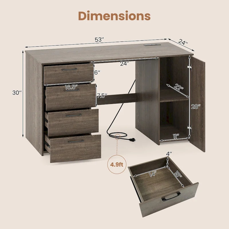 53 Zoll Home-Office-Schreibtisch mit integrierten Steckdosen, USB-Anschlüssen und Stauraum