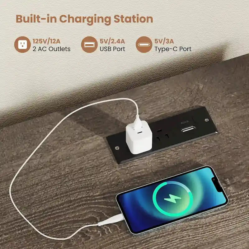 53 Zoll Home-Office-Schreibtisch mit integrierten Steckdosen, USB-Anschlüssen und Stauraum
