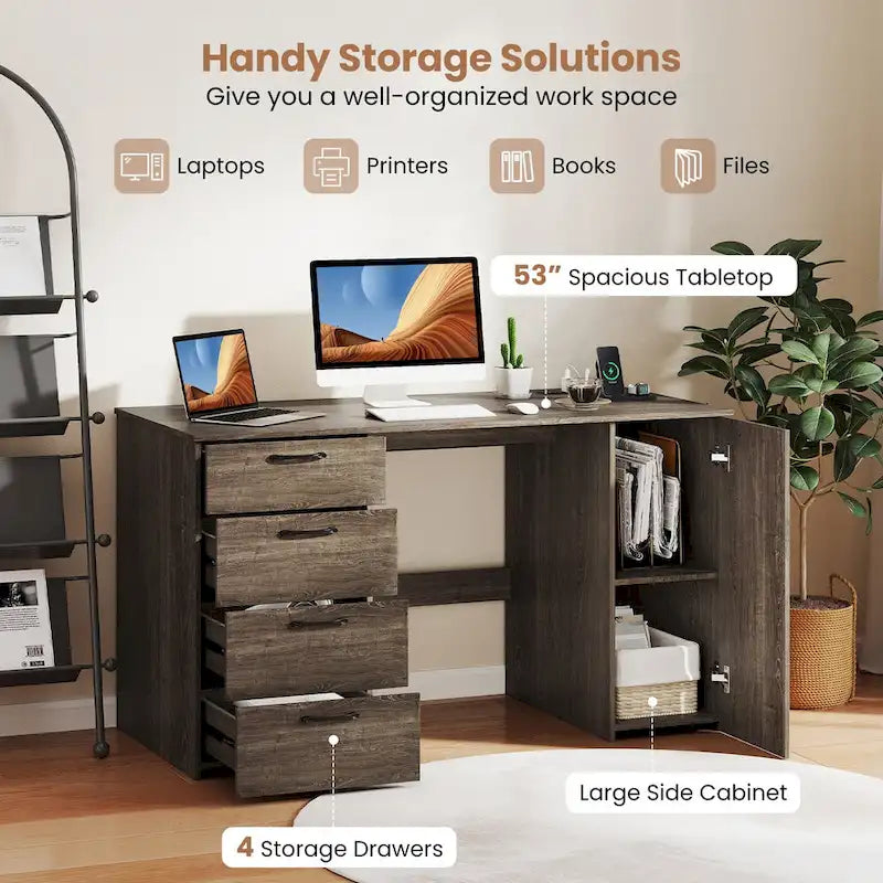 53 Zoll Home-Office-Schreibtisch mit integrierten Steckdosen, USB-Anschlüssen und Stauraum