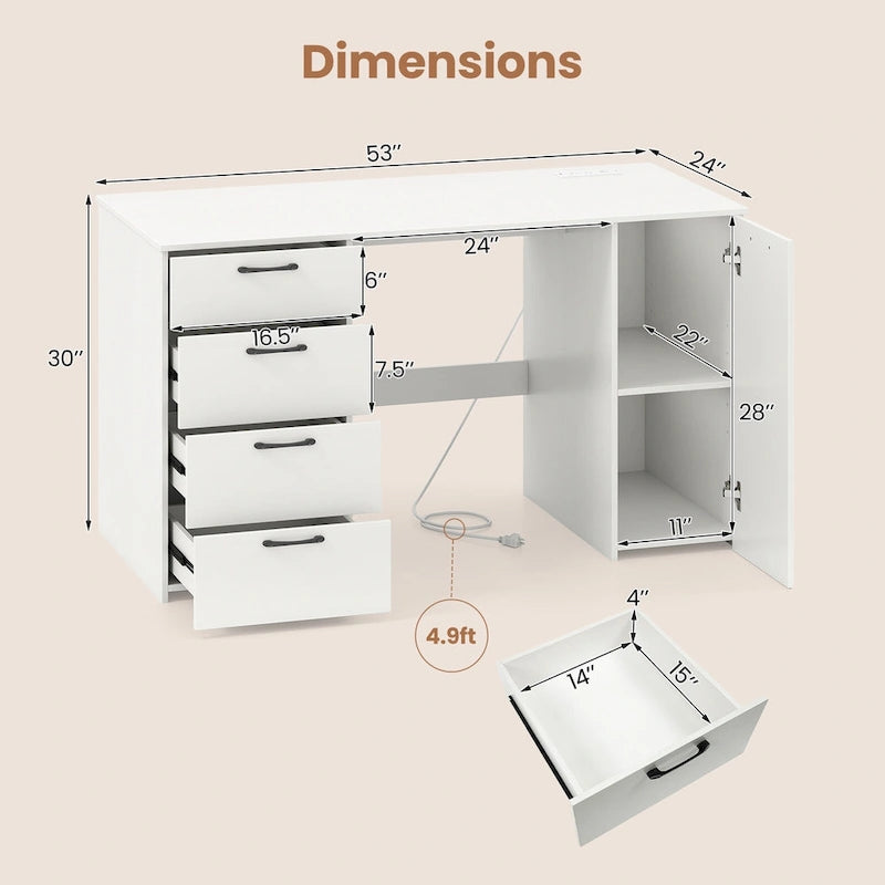 53 Zoll Home-Office-Schreibtisch mit integrierten Steckdosen, USB-Anschlüssen und Stauraum