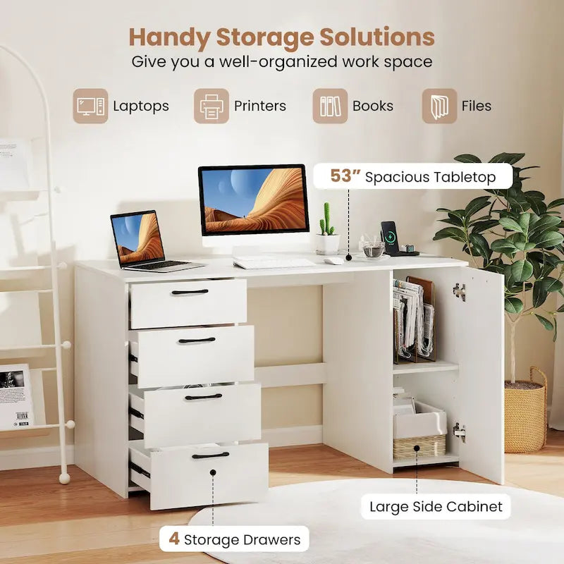 53 Zoll Home-Office-Schreibtisch mit integrierten Steckdosen, USB-Anschlüssen und Stauraum