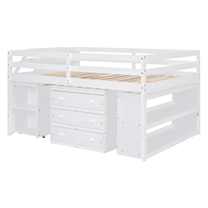 Hochbett mit ausziehbarem Schreibtisch und 3 Schubladen, Holz-Hochbett mit Stauraumtreppe und Regalen, Weiß