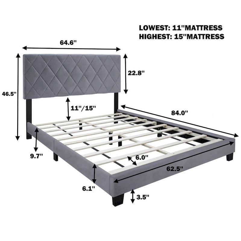Gepolstertes Kopfteil für Queensize-Betten, verstellbarer Bettrahmen, Samtstoff