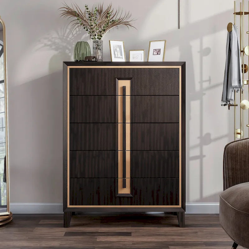 Moderne Kommode aus massivem Espressholz mit 5 Schubladen