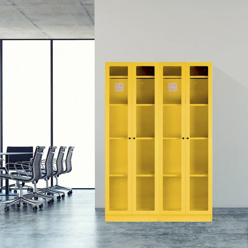 70" Gelber französischer Metallschrank mit Acrylglas und Doppeltüren